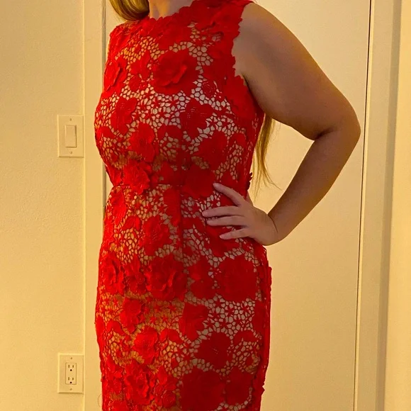 red lace evening dress DreamDress By PMN Bella Sheath Red Wedding Dress Gown Tall Collar Beaded Lace Red Floral Embellishment Sweep Train | Size: Medium
